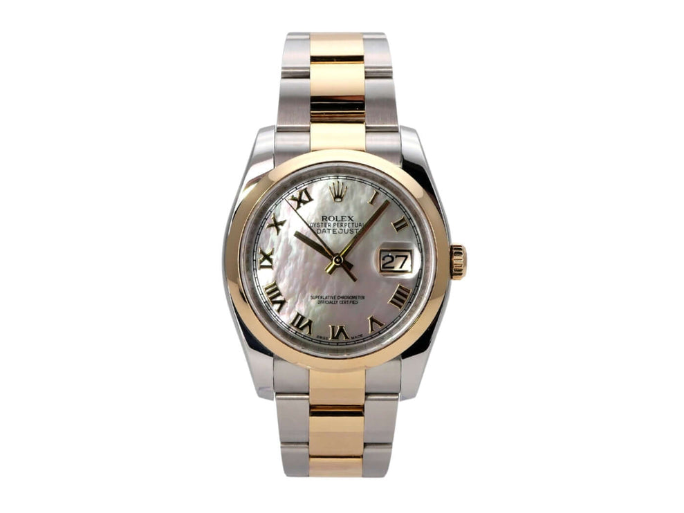 Rolex Datejust 36 Edelstahl Gelbgold 116203 Perlmutt Römisch mit perlmutfarbener Zifferblatt und römischen Ziffern.