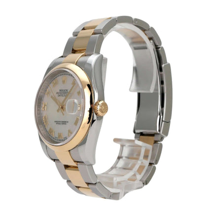 Rolex Datejust 36 Edelstahl Gelbgold 116203 Perlmutt Römisch seitliche Ansicht der Uhr mit Perlmutt-Zifferblatt.