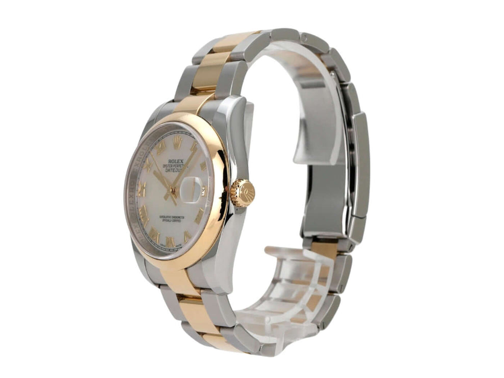 Rolex Datejust 36 Edelstahl Gelbgold 116203 Perlmutt Römisch seitliche Ansicht der Uhr mit Perlmutt-Zifferblatt.