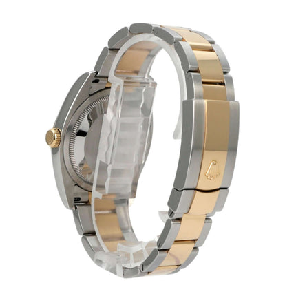 Rolex Datejust 36 Edelstahl Gelbgold 116203 Perlmutt Römisch Armband aus Edelstahl und Gelbgold, seitliche Ansicht.
