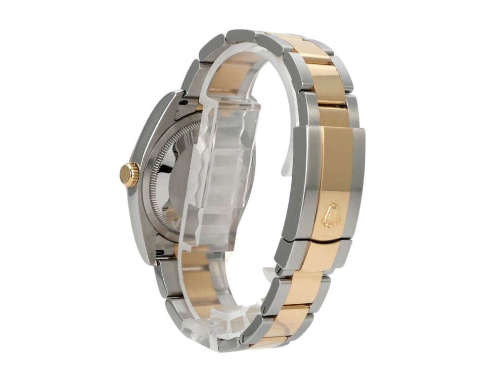 Rolex Datejust 36 Edelstahl Gelbgold 116203 Perlmutt Römisch Armband aus Edelstahl und Gelbgold, seitliche Ansicht.