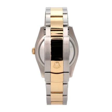 Rolex Datejust 36 Edelstahl Gelbgold 116203 Perlmutt Römisch seitliche Ansicht der Uhr mit Gehäuse und Armband.