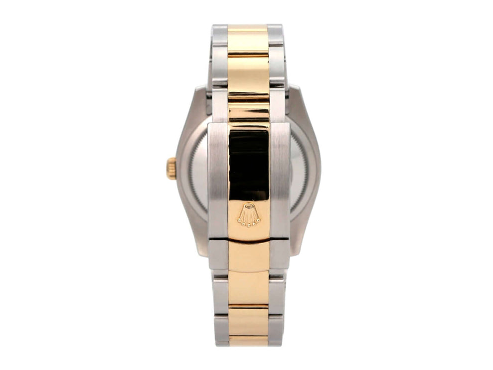 Rolex Datejust 36 Edelstahl Gelbgold 116203 Perlmutt Römisch seitliche Ansicht der Uhr mit Gehäuse und Armband.