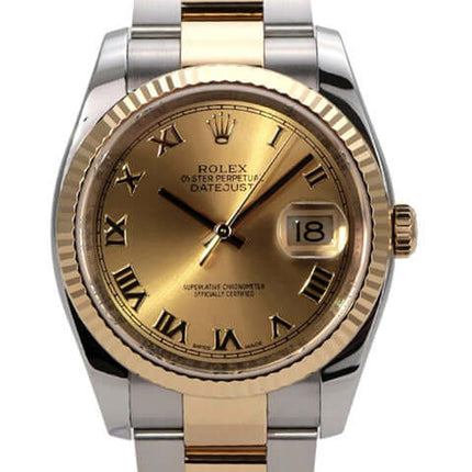 Rolex Datejust 36 Edelstahl Gelbgold 116233 Champagner Römisch mit goldenem Zifferblatt und römischen Ziffern