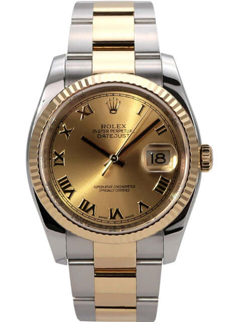 Rolex Datejust 36 Edelstahl Gelbgold 116233 Champagner Römisch mit goldenem Zifferblatt und römischen Ziffern