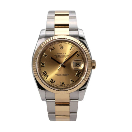 Rolex Datejust 36 Edelstahl Gelbgold 116233 Champagner Römisch mit champagnerfarbenem Zifferblatt und römischen Ziffern.