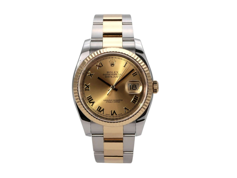 Rolex Datejust 36 Edelstahl Gelbgold 116233 Champagner Römisch mit champagnerfarbenem Zifferblatt und römischen Ziffern.