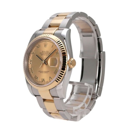 Rolex Datejust 36 Edelstahl Gelbgold 116233 Champagner Römisch auf einem transparenten Uhrenhalter.