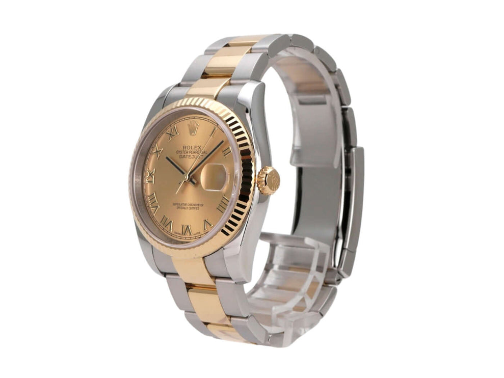 Rolex Datejust 36 Edelstahl Gelbgold 116233 Champagner Römisch auf einem transparenten Uhrenhalter.