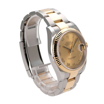 Rolex Datejust 36 Edelstahl Gelbgold 116233 Champagner Römisch mit champagnerfarbenem Zifferblatt und römischen Ziffern.