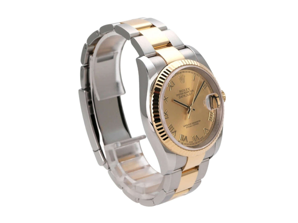Rolex Datejust 36 Edelstahl Gelbgold 116233 Champagner Römisch mit champagnerfarbenem Zifferblatt und römischen Ziffern.