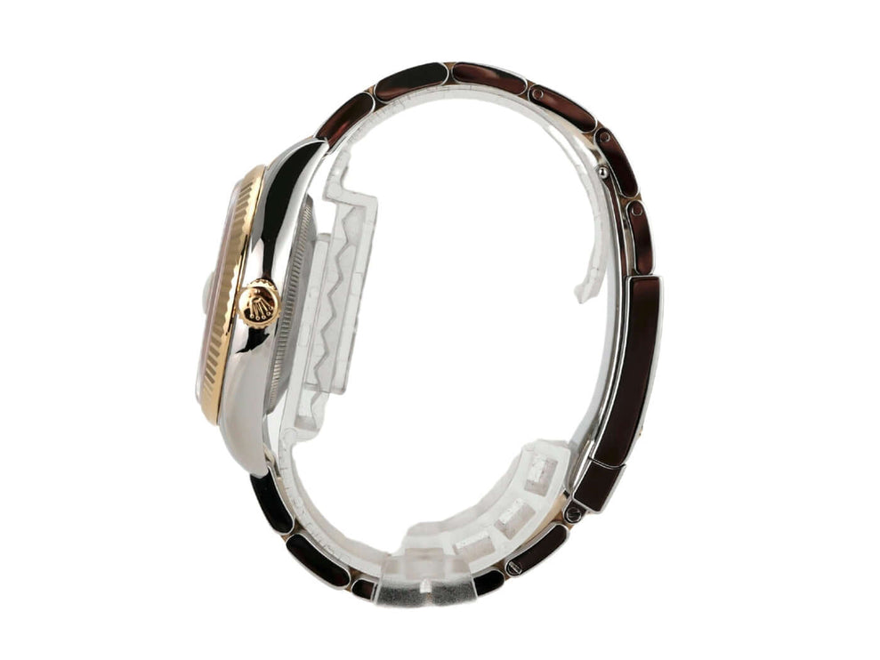 Rolex Datejust 36 Edelstahl Gelbgold 116233 Champagner Römisch seitliche Ansicht des Armbands und Gehäuses.