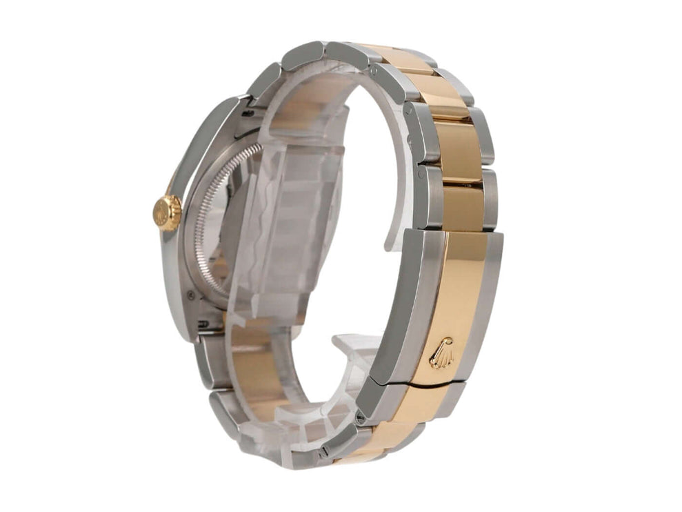 Seitenansicht der Rolex Datejust 36 Edelstahl Gelbgold 116233 Champagner Römisch mit gelbgoldenem Armband.