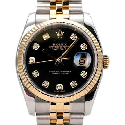 Rolex Datejust 36 116233 Schwarz Diamant Jubile-Band, Edelstahl-Gelbgold, schwarzes Zifferblatt mit Diamanten