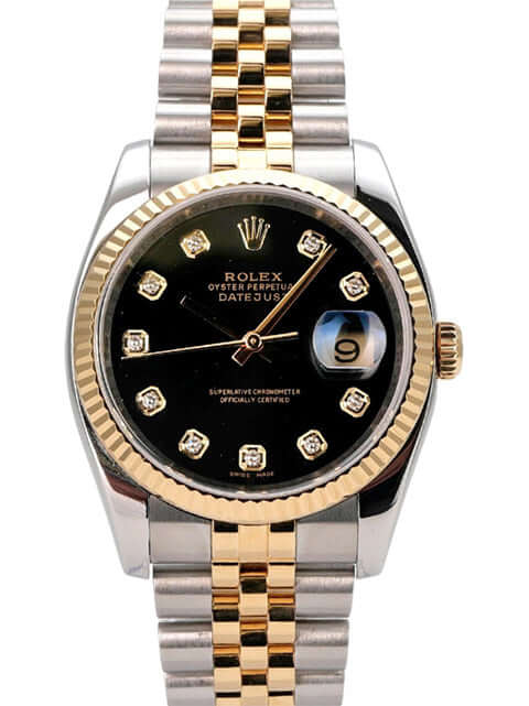 Rolex Datejust 36 116233 Schwarz Diamant Jubile-Band, Edelstahl-Gelbgold, schwarzes Zifferblatt mit Diamanten