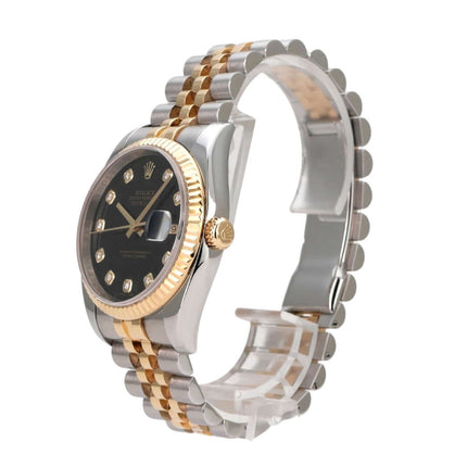 Rolex Datejust 36 116233 Schwarz Diamant Jubile-Band, Edelstahl-Gelbgold Uhr mit schwarzem Diamant-Zifferblatt