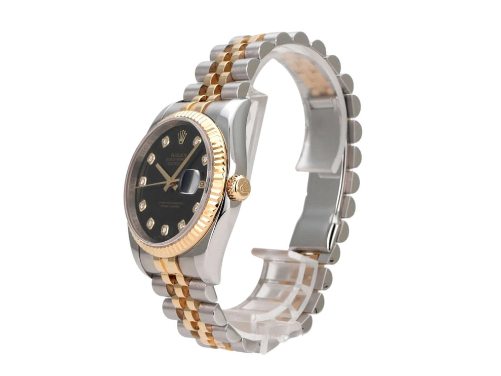 Rolex Datejust 36 116233 Schwarz Diamant Jubile-Band, Edelstahl-Gelbgold Uhr mit schwarzem Diamant-Zifferblatt