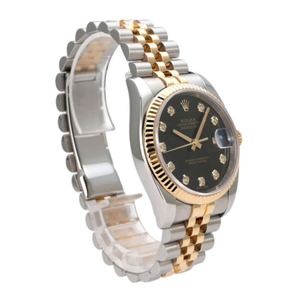 Rolex Datejust 36 116233 Schwarz Diamant Jubile-Band, Edelstahl- und Gelbgoldarmband mit schwarzem Diamant-Zifferblatt