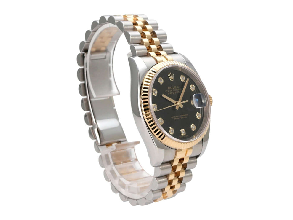 Rolex Datejust 36 116233 Schwarz Diamant Jubile-Band, Edelstahl- und Gelbgoldarmband mit schwarzem Diamant-Zifferblatt