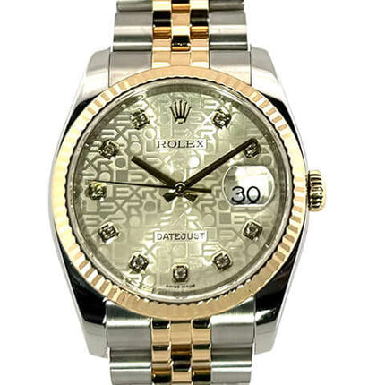 Rolex Datejust 36 Ref. 116233 mit silbernem Jubilé-Zifferblatt, Diamanten und zweifarbigem Edelstahl- und 18kt-Gelbgold-Jubilé-Armband.