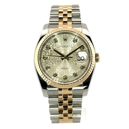 Rolex Datejust 36 Ref. 116233 Silber Jubilé Diamant Zifferblatt und Band, Edelstahl mit 18 kt Gelbgold, Chronometer-Uhr.