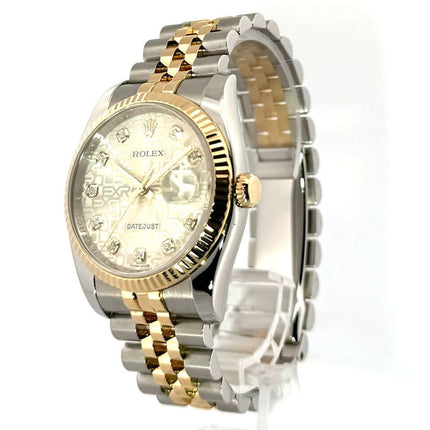 Rolex Datejust 36 Ref. 116233, Silber Jubile Diamant Zifferblatt, Jubilé Edelstahl und 18 kt Gelbgold Armband, poliert und satiniert.
