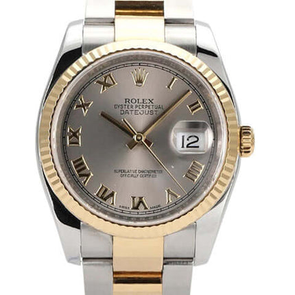 Rolex Datejust 36 Edelstahl Gelbgold 116233 mit Stahlfarben Zifferblatt und römischen Ziffern, Oysterband und Automatikwerk.
