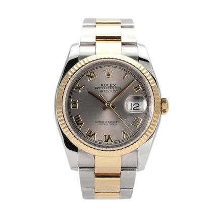 Rolex Datejust 36 Edelstahl Gelbgold 116233 mit Stahlfarbenem Zifferblatt und römischen Ziffern.