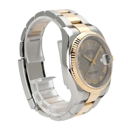 Rolex Datejust 36 Edelstahl Gelbgold 116233 mit Stahlfarbenem Zifferblatt und römischen Ziffern, Oysterband in poliertem Design.