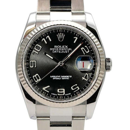 Rolex Datejust 36 Edelstahl Weißgold 116234 Schwarz Arabisch, schwarzes Zifferblatt, Oyster-Armband, 36 mm