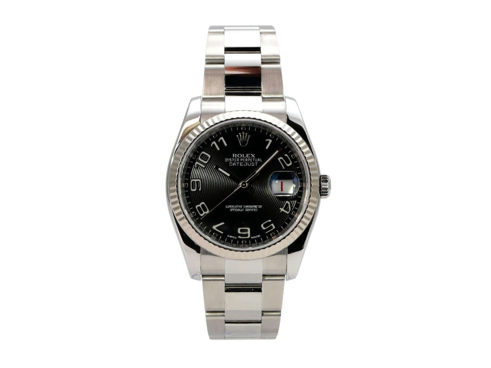 Rolex Datejust 36 Edelstahl Weißgold 116234 Schwarz Arabisch, schwarzes Zifferblatt mit Oyster-Armband