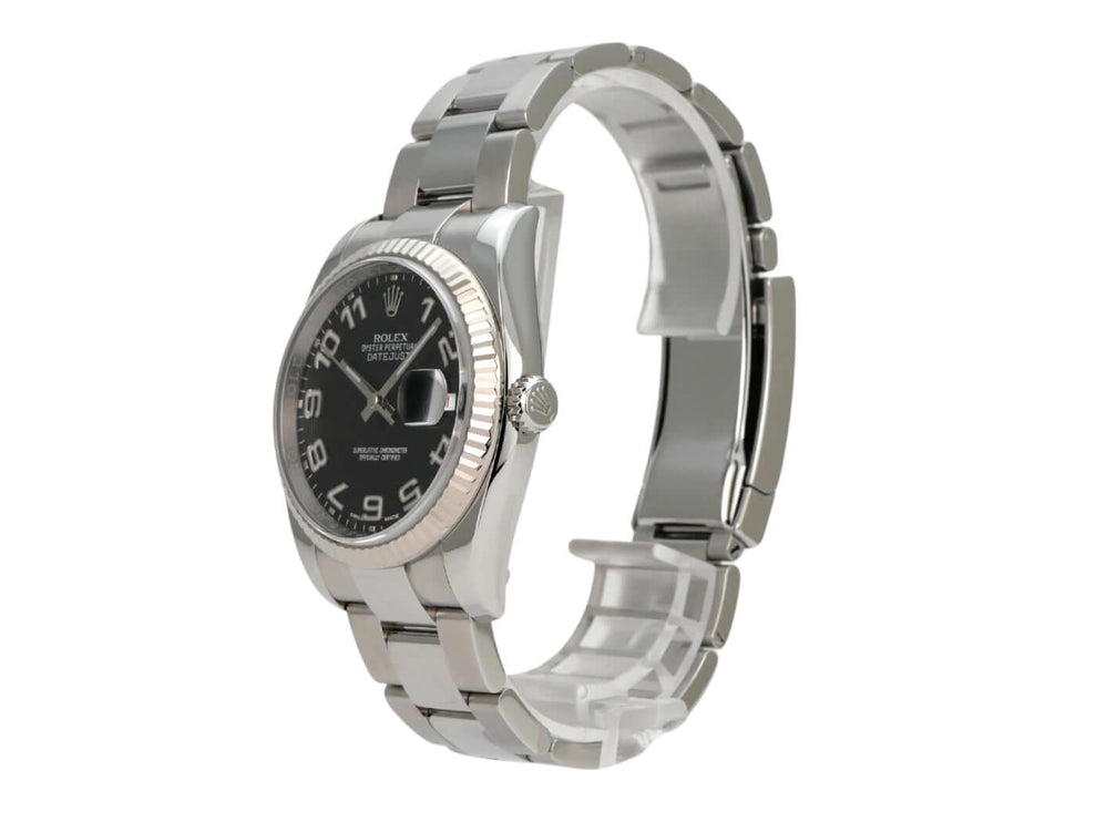 Rolex Datejust 36 Edelstahl Weißgold 116234 Schwarz Arabisch mit Oyster-Armband und schwarzem Zifferblatt