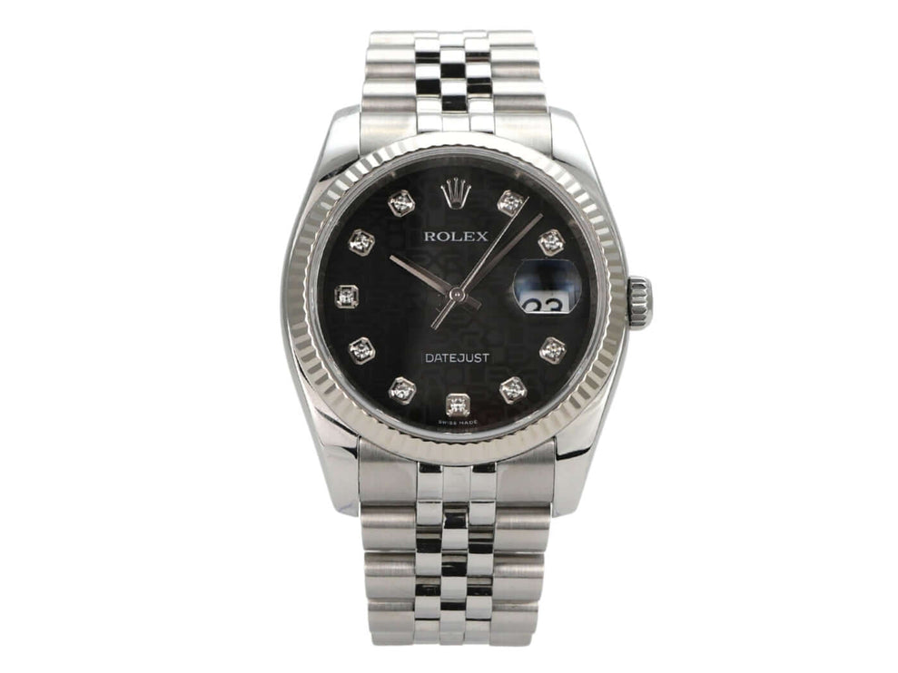Rolex Datejust 36 Edelstahl Weißgold 116234 Schwarz J Diamant Jubile-Band, schwarzes Zifferblatt mit Diamanten