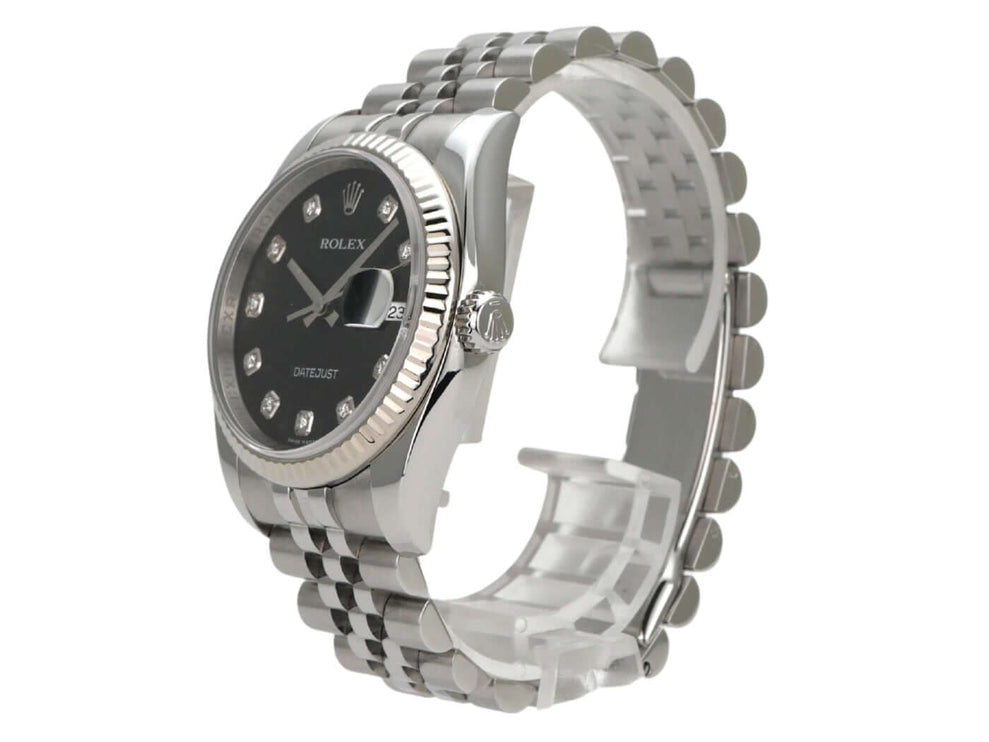 Rolex Datejust 36 Edelstahl Weißgold 116234 Schwarz J Diamant Jubile-Band, schwarzes Zifferblatt mit Diamanten