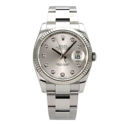 Rolex Datejust 36 Silber Diamant 116234, Edelstahl, Weißgold-Lünette und silbernes Zifferblatt mit Diamanten