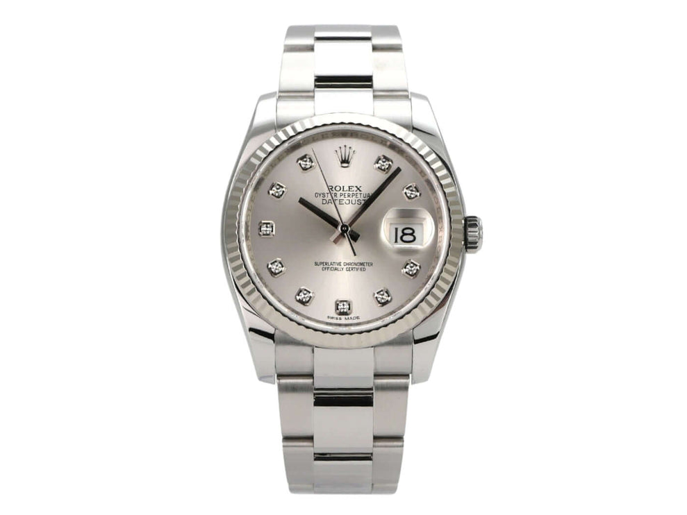 Rolex Datejust 36 Silber Diamant 116234, Edelstahl, Weißgold-Lünette und silbernes Zifferblatt mit Diamanten