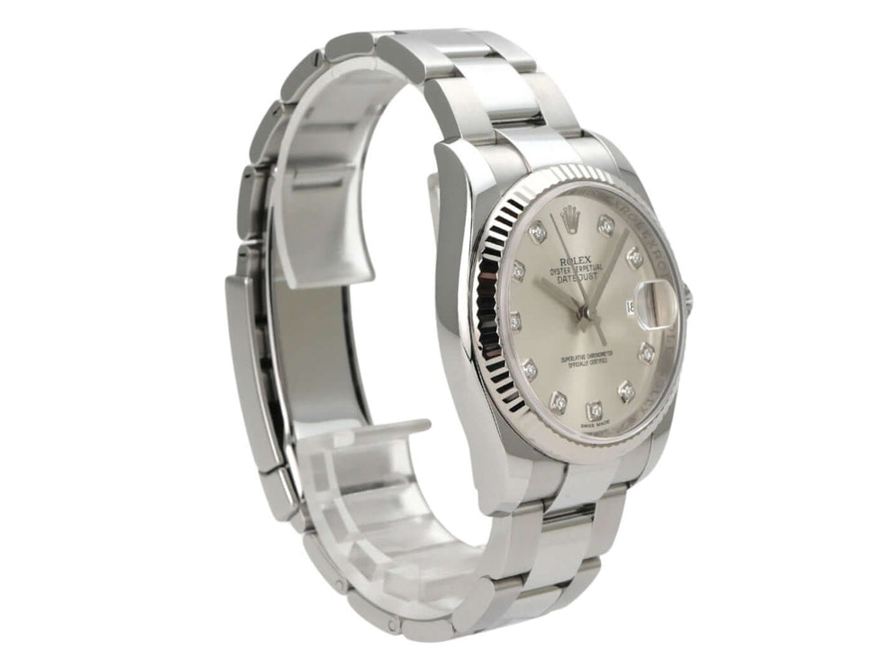 Rolex Datejust 36 Silber Diamant 116234, Edelstahl, Weißgold-Lünette, silbernes Zifferblatt mit Diamanten