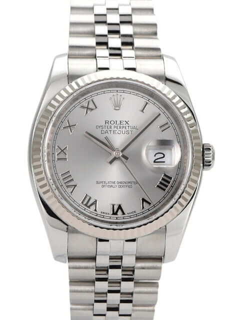 Rolex Datejust 36 in Oystersteel mit silbernem Zifferblatt und römischen Ziffern auf Jubilé-Armband.