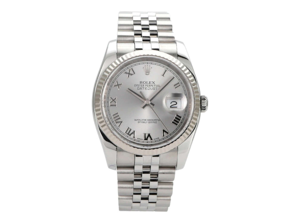 Rolex Datejust 36 aus Oystersteel mit silberfarbenem Zifferblatt und römischen Ziffern, Jubilé Edelstahlband.