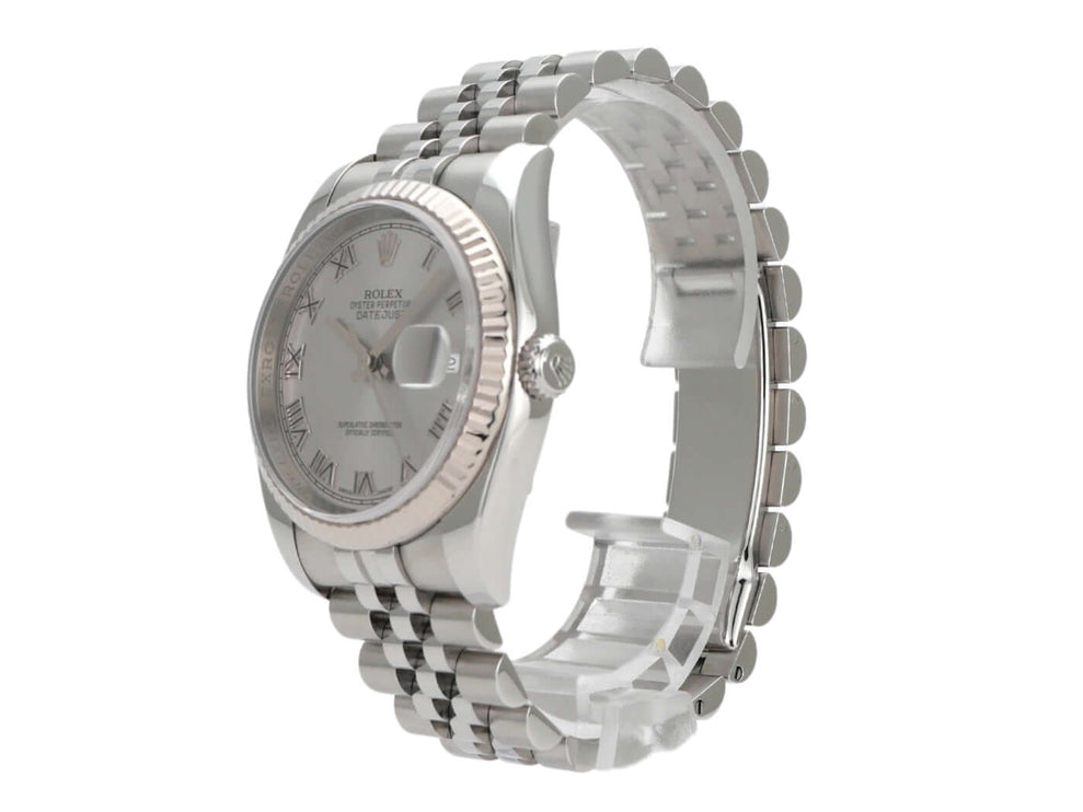 Rolex Datejust 36 in Edelstahl mit silberfarbenem Zifferblatt und römischen Ziffern, Jubile-Armband.