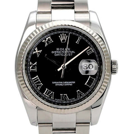 Rolex Datejust 36 116234 Schwarz Römisch, schwarzes Zifferblatt, Edelstahl/Weißgold, Oyster-Armband, Datum