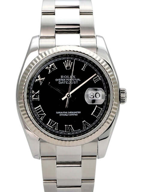 Rolex Datejust 36 116234 Schwarz Römisch, schwarzes Zifferblatt, Edelstahl/Weißgold, Oyster-Armband, Datum
