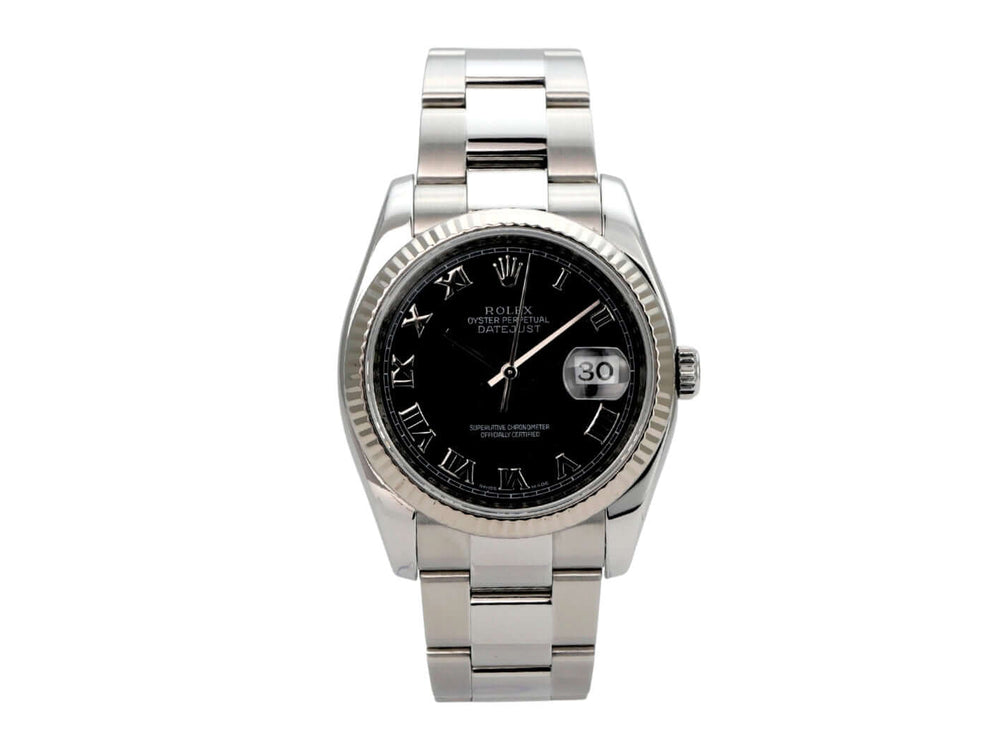 Rolex Datejust 36 116234 Schwarz Römisch, Edelstahl/Weißgold, schwarzes Zifferblatt, Oyster-Armband