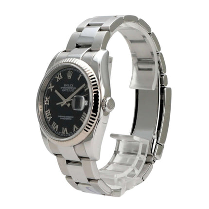 Rolex Datejust 36 116234 Schwarz Römisch mit schwarzem Zifferblatt, Weißgoldlünette und Oyster-Armband