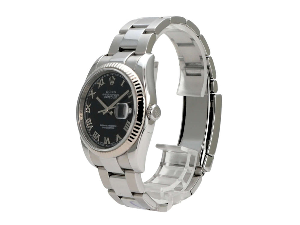 Rolex Datejust 36 116234 Schwarz Römisch mit schwarzem Zifferblatt, Weißgoldlünette und Oyster-Armband