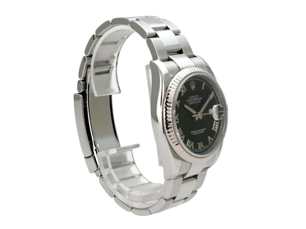 Rolex Datejust 36 116234 Schwarz Römisch mit Edelstahlarmband und Weißgoldlünette, schwarzes Zifferblatt