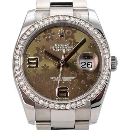 Rolex Datejust 36 Edelstahl Weißgold Diamant Lünette 116244 Bronze Floral mit floralem Zifferblatt und Diamantenluette.