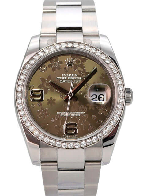 Rolex Datejust 36 Edelstahl Weißgold Diamant Lünette 116244 Bronze Floral mit floralem Zifferblatt und Diamantenluette.