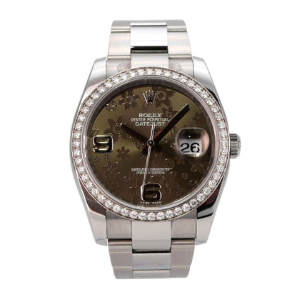 Rolex Datejust 36 Edelstahl Weißgold Diamant Lünette 116244 Bronze Floral, elegante Uhrenansicht mit Diamanten.