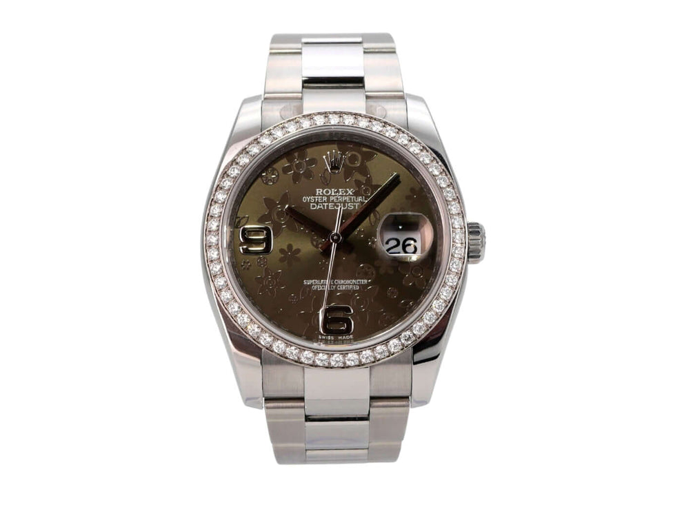 Rolex Datejust 36 Edelstahl Weißgold Diamant Lünette 116244 Bronze Floral, elegante Uhrenansicht mit Diamanten.